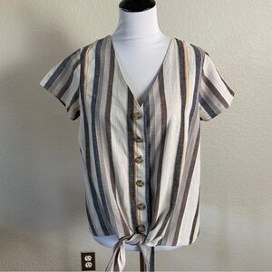 Harper linen multi striped front tie button down shirt size large